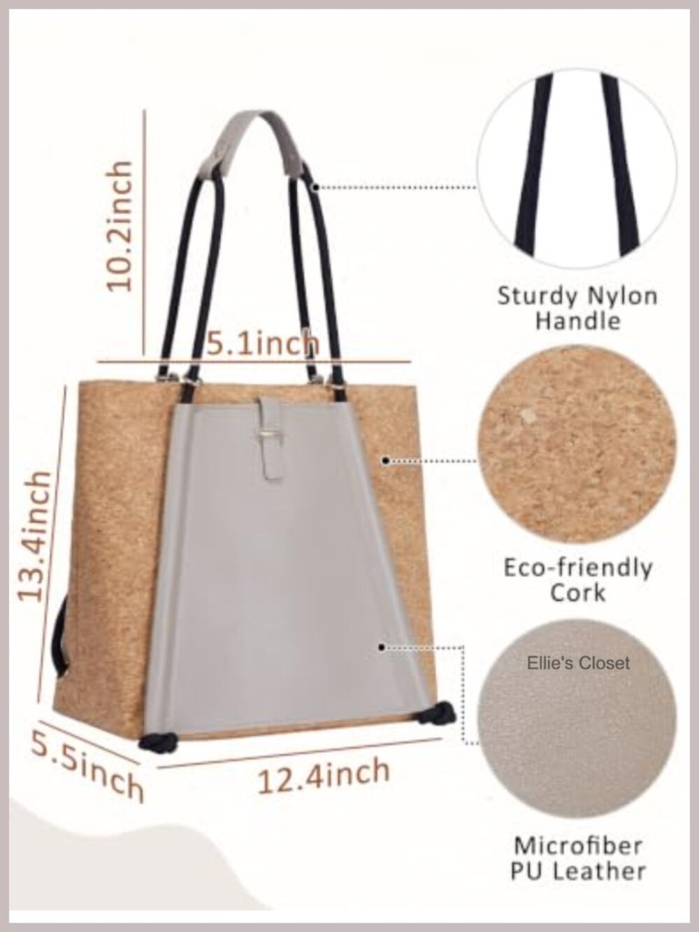 Cork Leather Work Travel Tote Bag for Women Convertible Backpack Top Handle - Picture 3 of 6